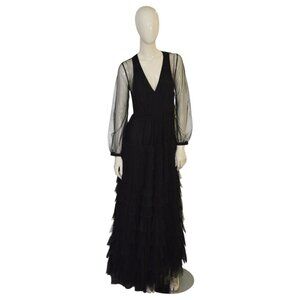 Twinset Black Tulle Tiered Ruffled Sheer Sleeves Maxi Evening Gown Dress size 40